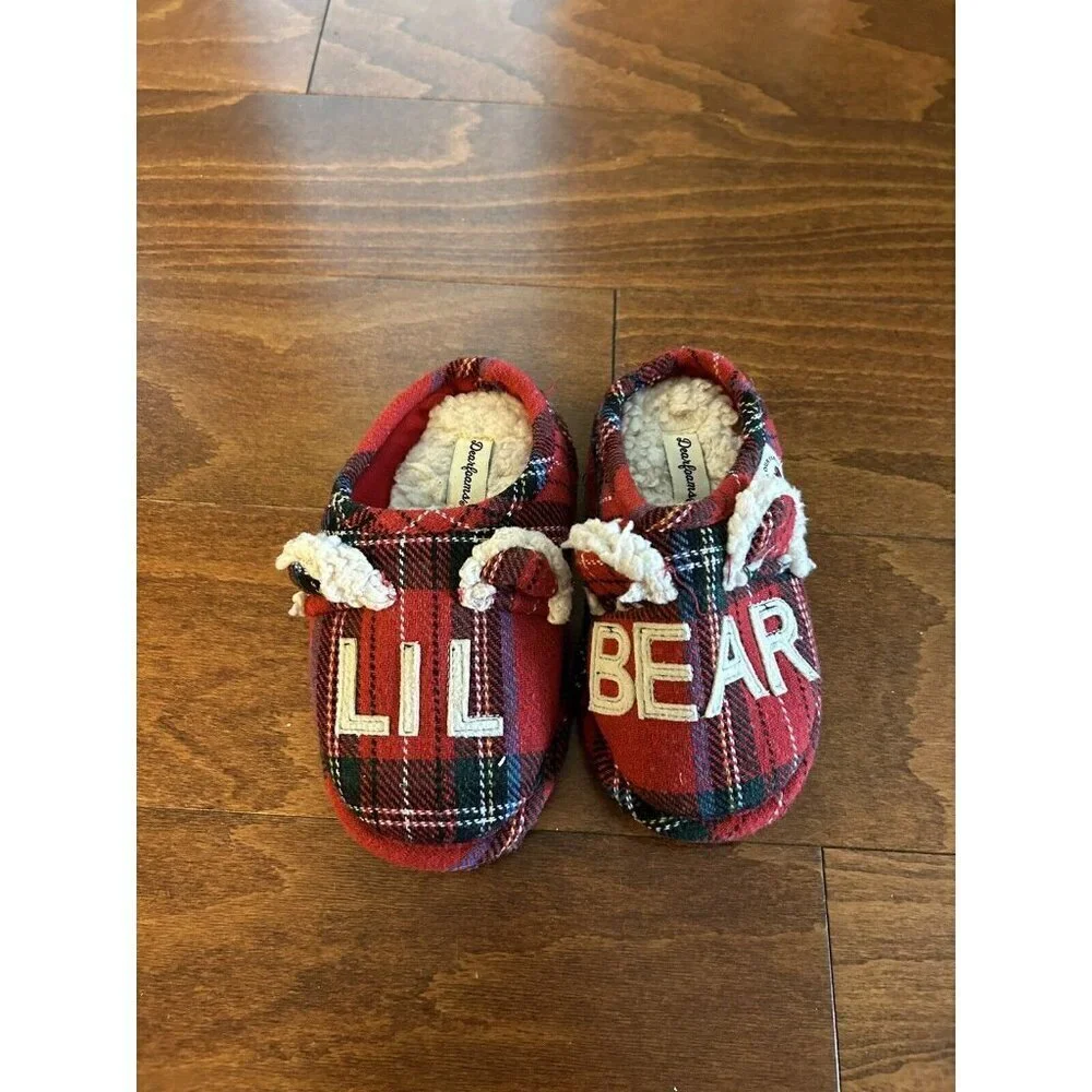 Dearfoams Kids Toddler  Little Kids Lil Bear‎ Plaid Red Slippers NEW 9-10  US